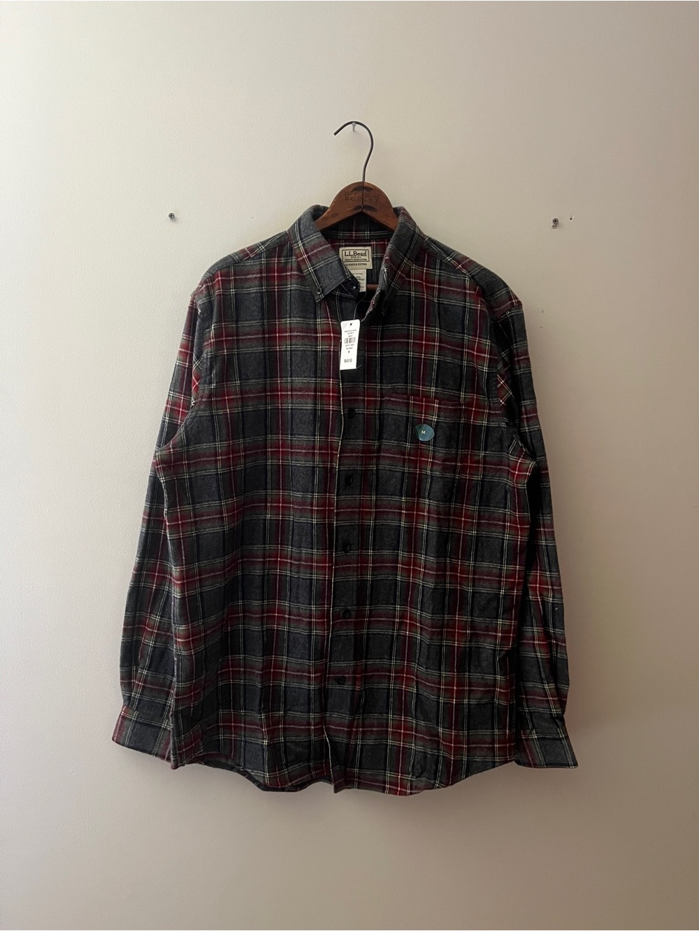L.L. Bean Men's Dark Gray & Red Plaid Flannel Shirt
